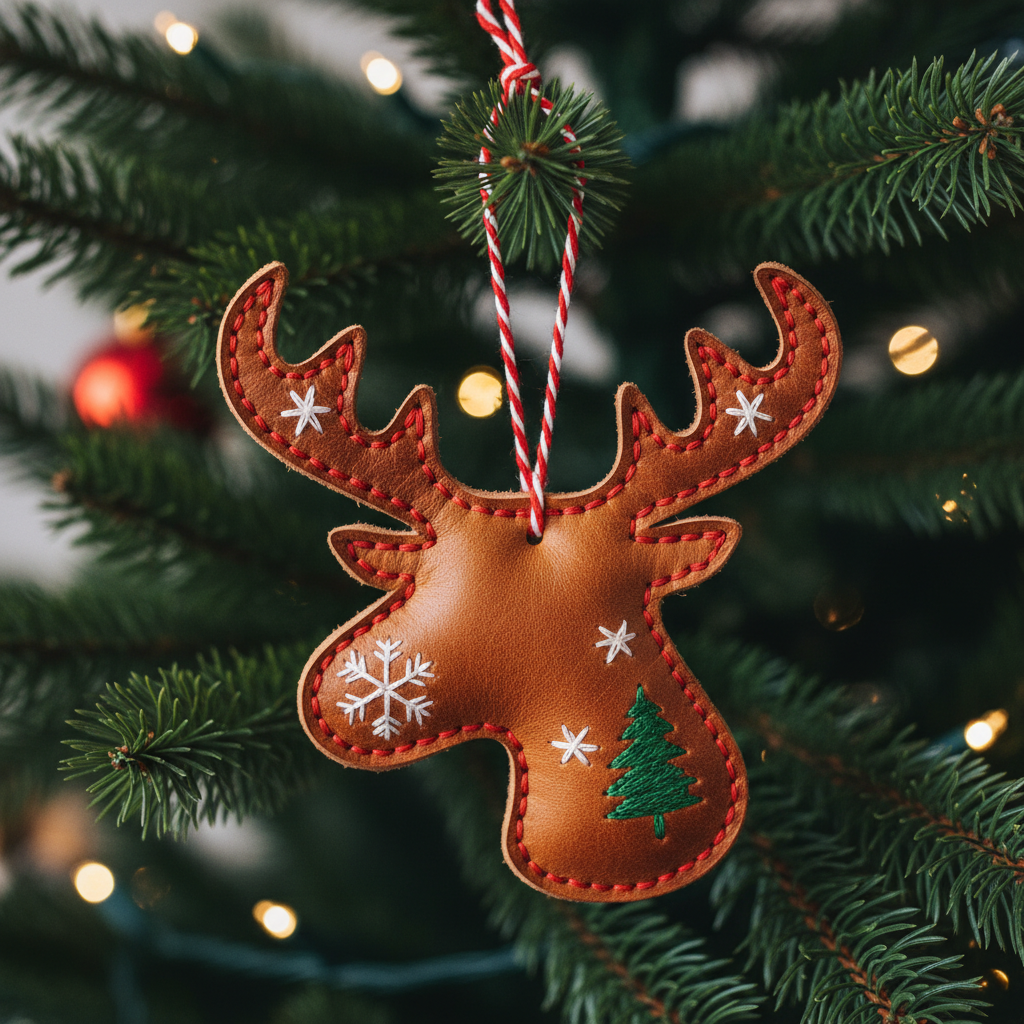 Embroidered Leather Christmas Reindeer Ornament