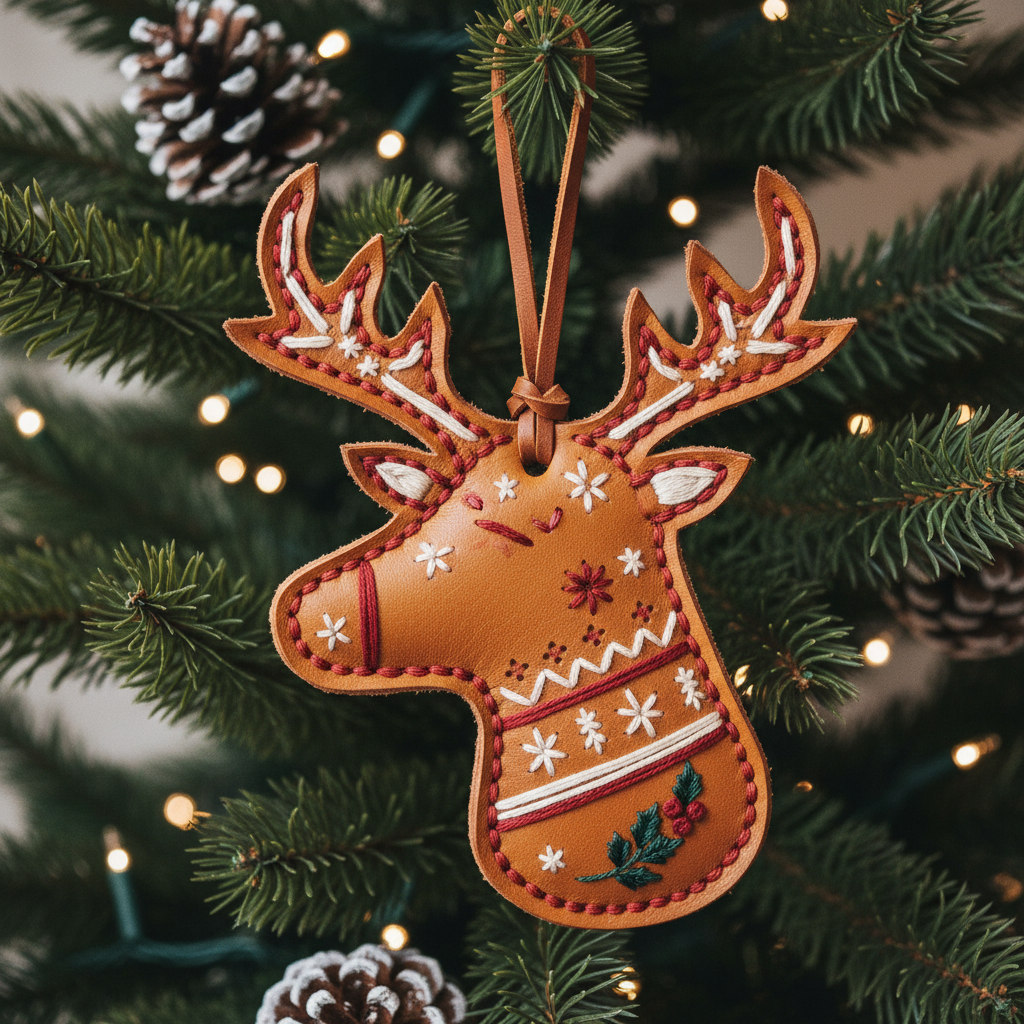 Embroidered Leather Christmas Reindeer Ornament