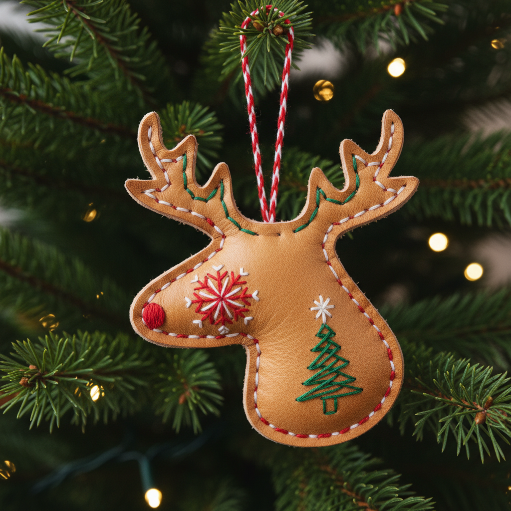 Embroidered Leather Christmas Reindeer Ornament