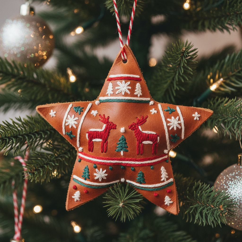 Embroidered Leather Christmas Reindeer Ornament