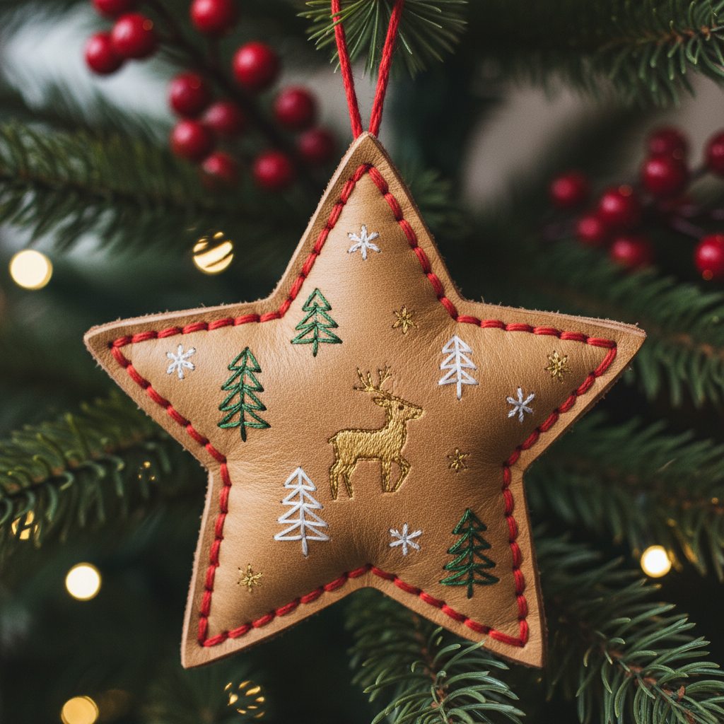 Embroidered Leather Christmas Reindeer Ornament