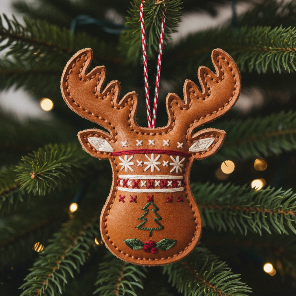Embroidered Leather Christmas Reindeer Ornament